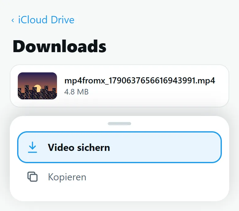 Dateien-App auf dem iPhone: Ordner Downloads mit hervorgehobenem Video sichern