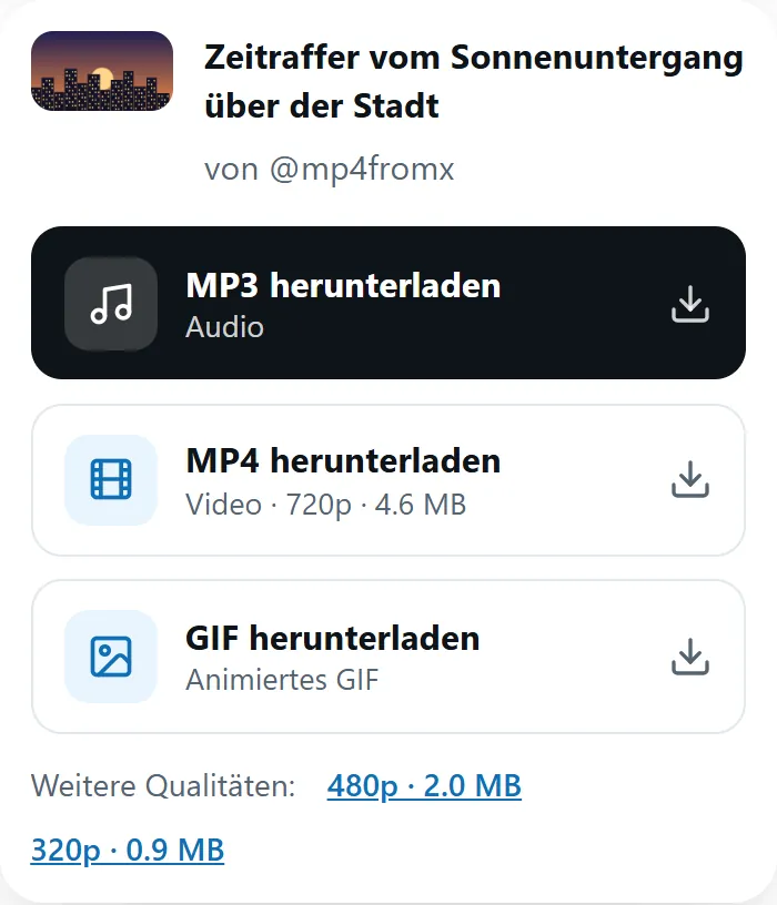 MP4fromX-Ergebnis mit den Buttons MP4, GIF und MP3 herunterladen