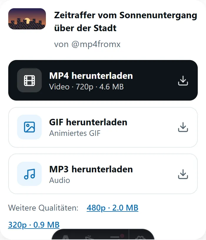 MP4fromX-Ergebnis mit den Buttons MP4, GIF und MP3 herunterladen
