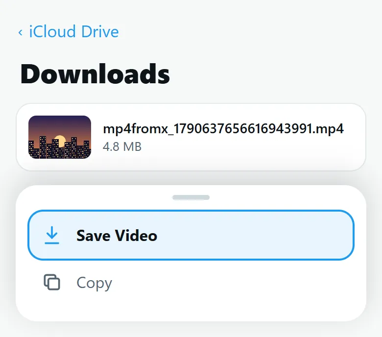 Files app on iPhone: Downloads folder with Save Video highlighted