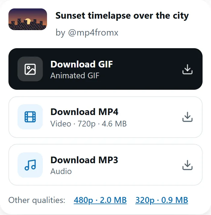 MP4fromX result with Download MP4, GIF and MP3 buttons