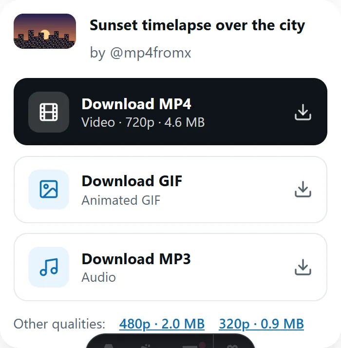 MP4fromX result with Download MP4, GIF and MP3 buttons