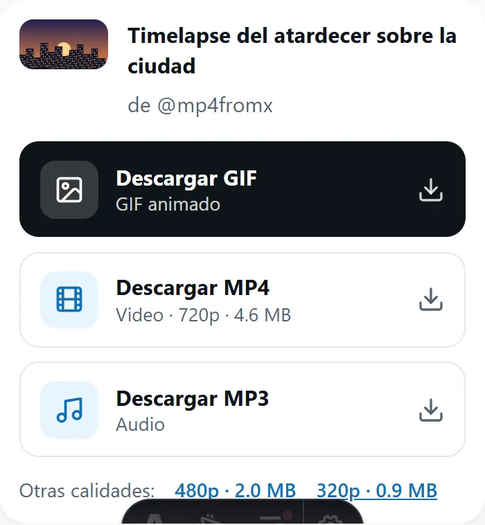 Resultado de MP4fromX con los botones Descargar MP4, GIF y MP3