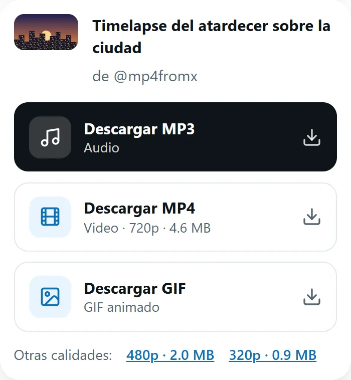 Resultado de MP4fromX con los botones Descargar MP4, GIF y MP3