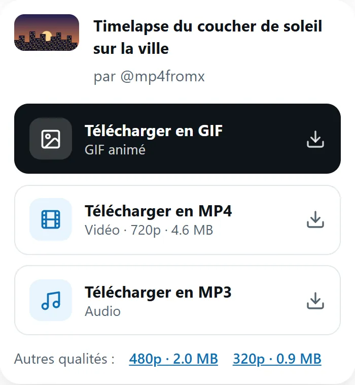 Résultat MP4fromX avec les boutons Télécharger en MP4, GIF et MP3