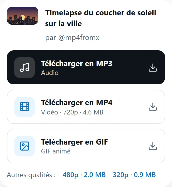 Résultat MP4fromX avec les boutons Télécharger en MP4, GIF et MP3