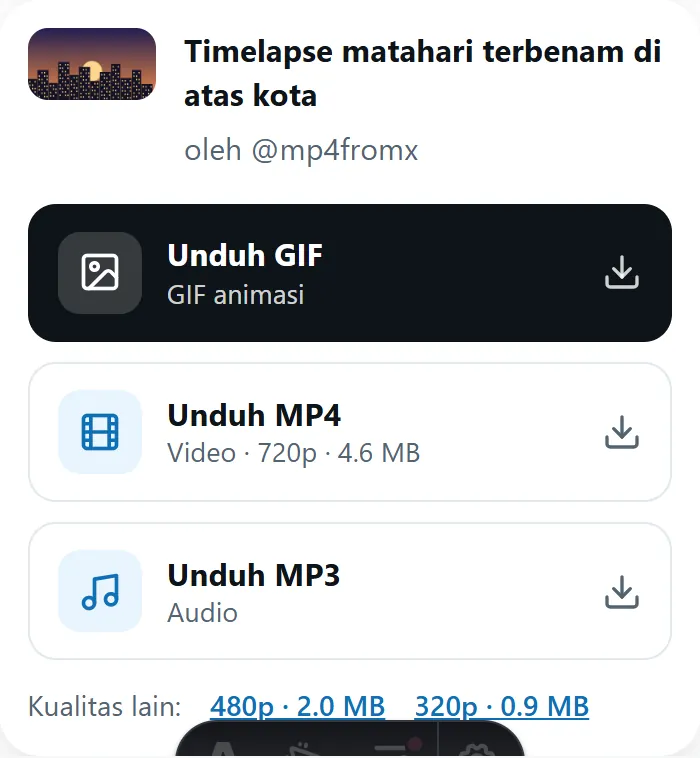 Hasil MP4fromX dengan tombol Unduh MP4, GIF dan MP3