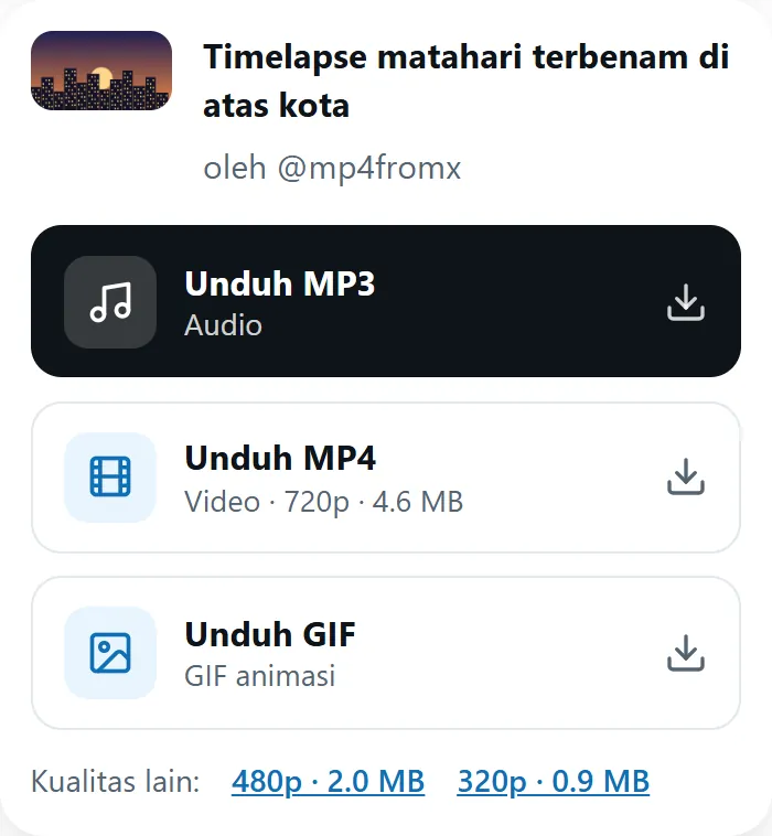 Hasil MP4fromX dengan tombol Unduh MP4, GIF dan MP3