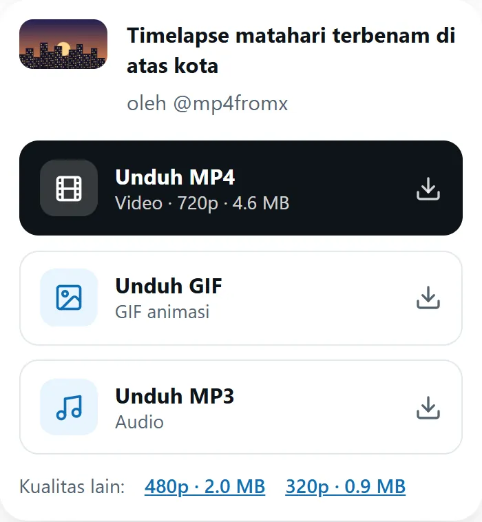 Hasil MP4fromX dengan tombol Unduh MP4, GIF dan MP3