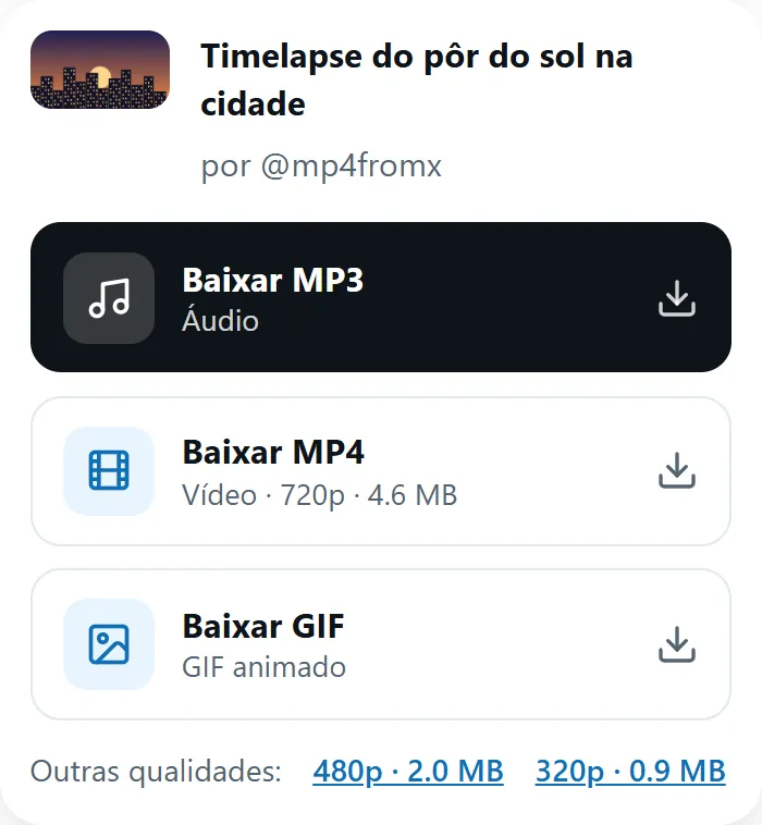 Resultado do MP4fromX com os botões Baixar MP4, GIF e MP3