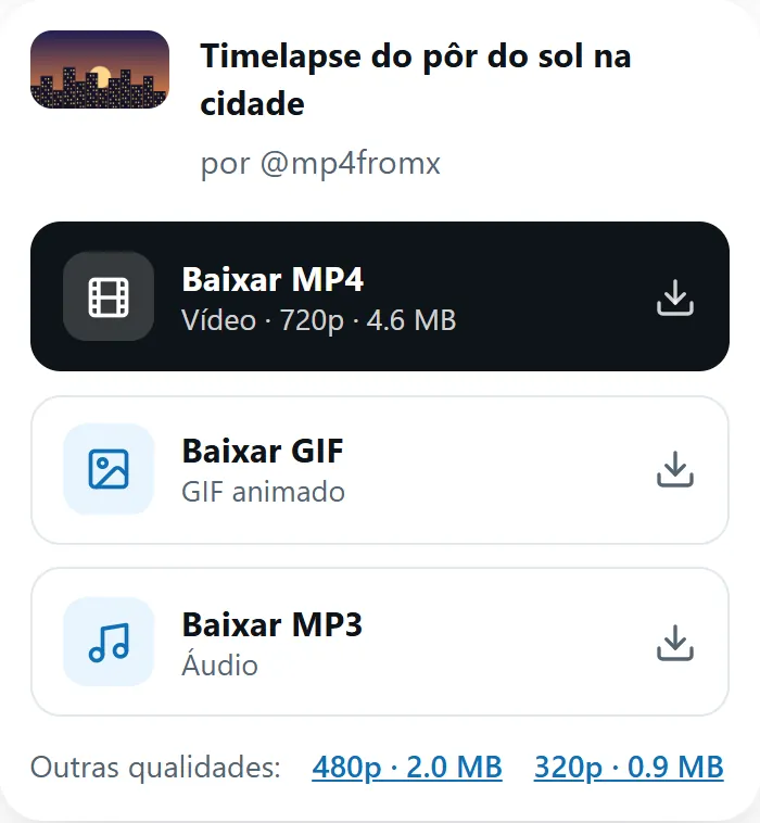 Resultado do MP4fromX com os botões Baixar MP4, GIF e MP3